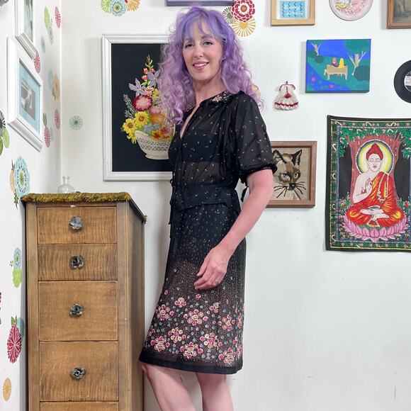 Vintage Sheer Black Floral Dress, 1970s Bohemian Fairycore Flower Print, Sz S - Picture 4 of 11